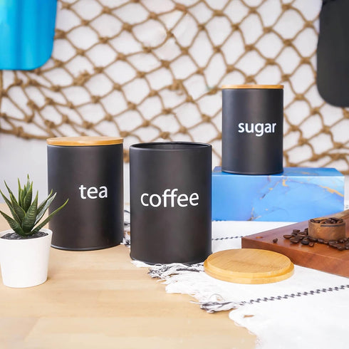 SOTECH Metal Food Storage Jar Farmhouse Coffee Canisters with Bamboo Lids,Black Kitchen Canisters Set of 3 Decorative Canisters for Kitchen Counte...