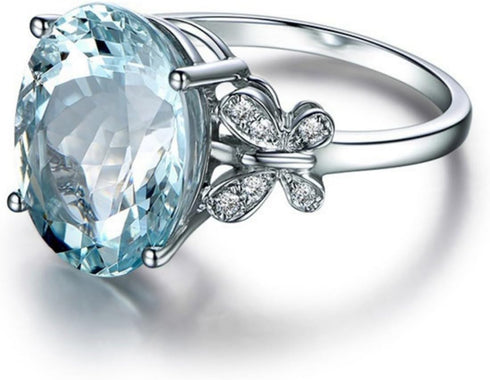 Rhinestone Butterfly Ring Natural Topaz Stone Crystal Engagement Ring Charm Gemstone Ring ,Sea Blue,Size 10...