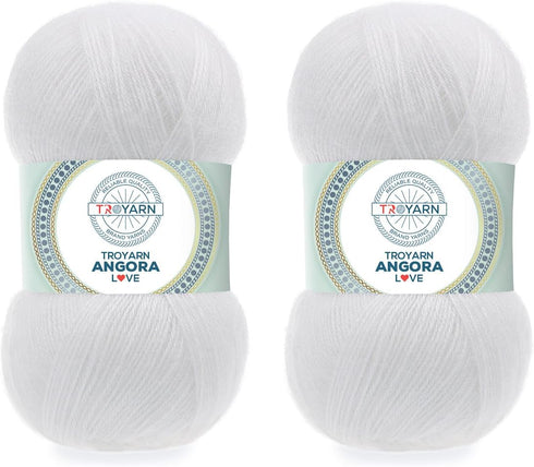 Angora Love (2- Skeins Pack) 20% Wool%80 Acrylic Thread Crochet Lace Weight #1 Fingering and Socks Yarn (2 x 3.52 oz) / (2 x 601 Yds) (10855 - Whi...