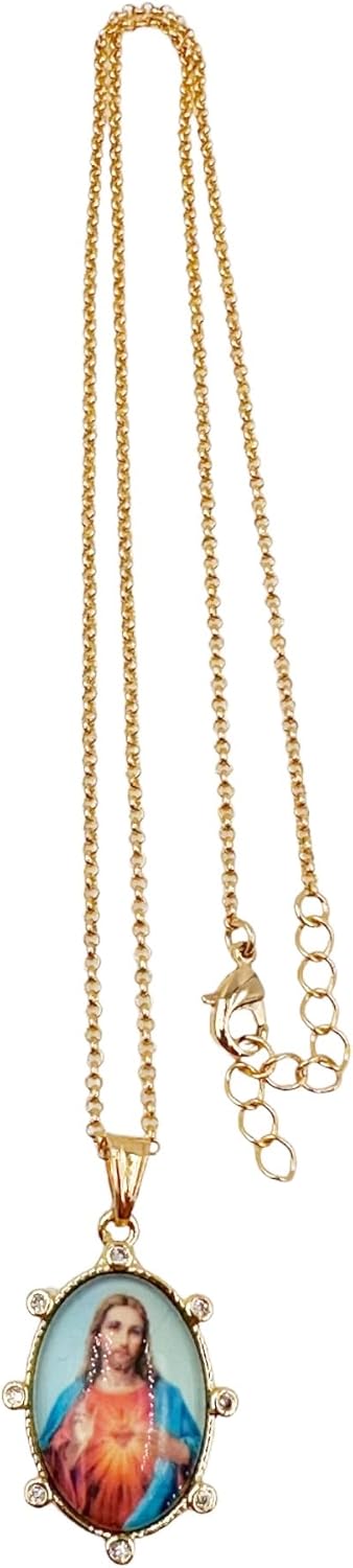LESLIE BOULES 18K Gold-Plated Sacred Heart of Jesus Pendant Necklace - 18 Inches, Divine Love Symbol with Colorful Medal and Zircon Accents...