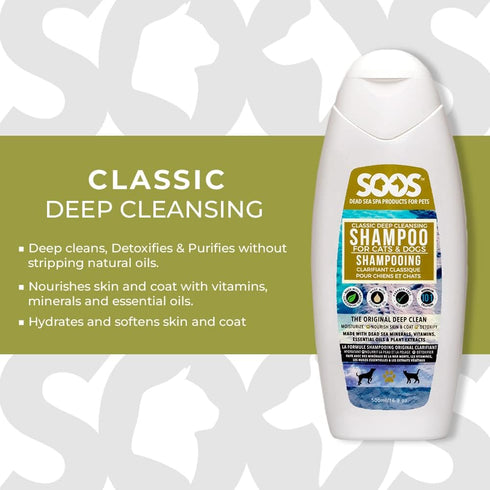 Soos Pet Dog Shampoo Classic Deep Cleansing Pet Shampoo Natural Dead Sea Minerals Fast Absorbing for Dogs and Cats - 1x Shampoo (500ml)...