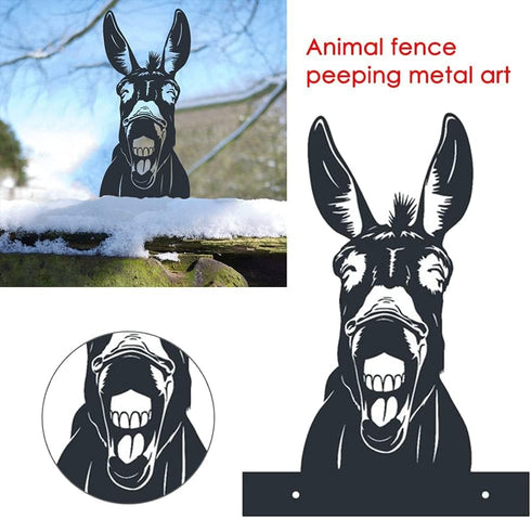 Outdoor Metal Art Funny Peeping Animal Statue Stakes Fence Landscape for Yard Garden Decor Animal Silhouette Ornaments (Donkey)...