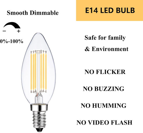 LED Light Bulbs E14 Base Warm White 2700K 60W Dimmable European Light Bulbs for Turkish Lamp, E14 Bulb 6W LED Candle Bulb, 6 Pack...