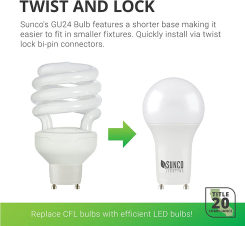 Sunco Lighting 2 Pack GU24 LED Bulbs 2 Prong A19, CRI91 5000K Daylight, 9W Equivalent 60W, CFL Replacement 800 Lumens, Super Bright Dimmable, Twis...