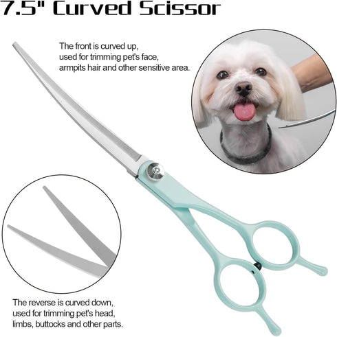 Professional Dog Grooming Scissors Set, 5 in 1 Dog Grooming Scissors Kit, Curved Dog Scissors Pet Thinning Shears, Pet Grooming Supplies, Blue...