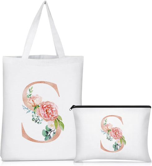 Sanwuta 2 Pcs Initial Canvas Tote Bags Wedding Gift Floral Letter Travel Cosmetic Bags Monogrammed for Woman Wedding...