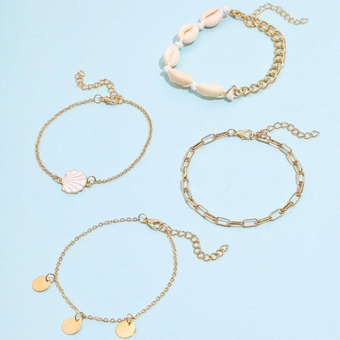 4Pcs Beach Natural White Shell Anklet Set,Adjustabe Handmade Waterproof Multilayer Conch Anklet Set for Women Foot Jewelry...