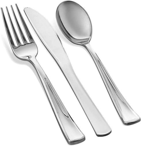 125 Piece Silver Dinnerware Party Set - 50 Silver Rim Plastic Plates, 25 Dinner 25 Dessert Plates, 25 Knives, 25 Forks, 25 Spoons - 25 Guest Dispo...