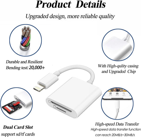 2-in-1 Sd Card Reader Supports SD and TF Card for iPhone iPad, Dual Card Slot Memory Card Reader Sd Card Adapter Portable Micro Sd Card Reader Tra...