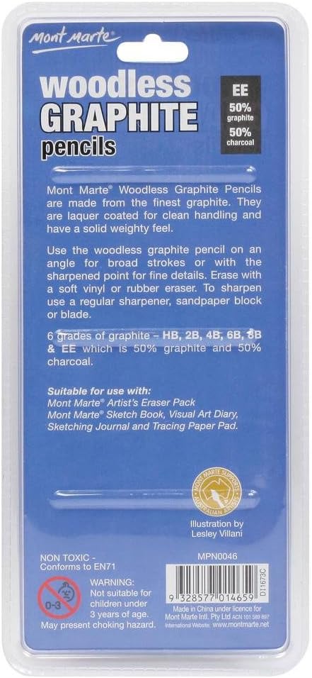 Mont Marte Woodless Graphite Pencils 6 Piece, HB, 2B, 4B, 6B, 8B, EE...