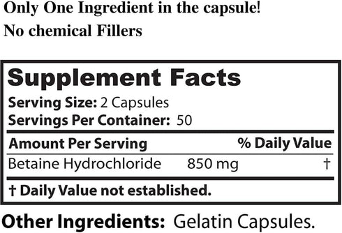 Dr. Clark Betaine HCL Digestive Enzymes - Acid Reflux Medicine, Hydrochloric Acid Protein Supplement, Optimal Digestion Formula, 100 Gelatin Capsu...