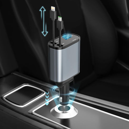 Retractable Car Charger, 4 in1 Fast Car Phone Charger 120W, 2.7Ft Retractable Cables and 4 Electronic Ports, Car Charger Compatible for iOS & Andr...