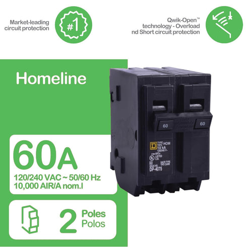 Plug In Circuit Breaker, HOM, Number of Poles 2, 60 Amps, 120/240VAC, Standard...