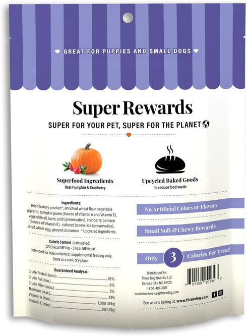 Three Dog Bakery Soft and Chewy Super Rewards with Superfoods Dog Treats, Low Calorie Dog Training Treats for Dogs, Pumpkin & Cranberry Crumble Fl...
