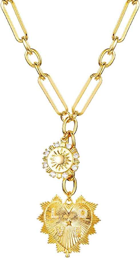 Sun Heart Charm Choker Necklace for Women Men,18k Gold Plated With Zircons Inlaid Pendants,Thick Chunky Paperclip Chain Hip Hop Necklace Unisex Je...