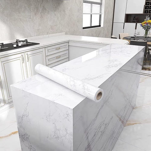 Glossy Marble Paper Granite Grey/White Roll Kitchen Countertop Cabinet Furniture Wallpaper PVC Adhesive and Removable Cover Surfaces Peel and Stic...