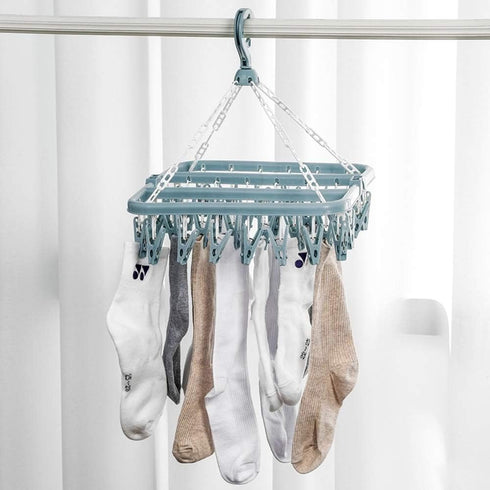 Clothes Drying Hanger with 32 Clips and Drip Foldable Hanging Rack (Light Blue)...