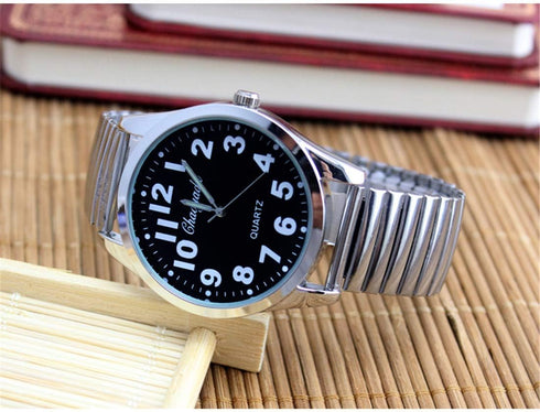 Classic Men’s Easy Reader Big Dial Number Sliver Stainless Steel Expansion Strap Bracelet Elastic Wristwatches (Dial 40 Black)...
