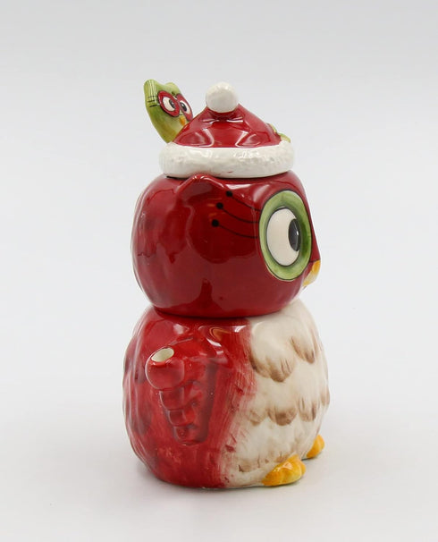 Owl Sugar and Creamer, 5 3/4 X 2 7/8 X 5 3/8"H, Red, White, Black, Green...