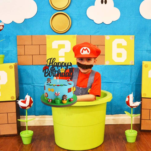 Black Glitter Mario Cake Topper Happy Birthday Cake Decoration Video Game Themed Kids Boys Birthday Party Supplies...