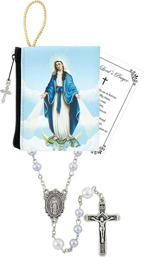 Rosary Miraculous Medal - with White Pearl Miraculous Medal Rosary Beads, Our Lady of Grace Full Color Zippered Pouch, Lord's Prayer Card | Our La...