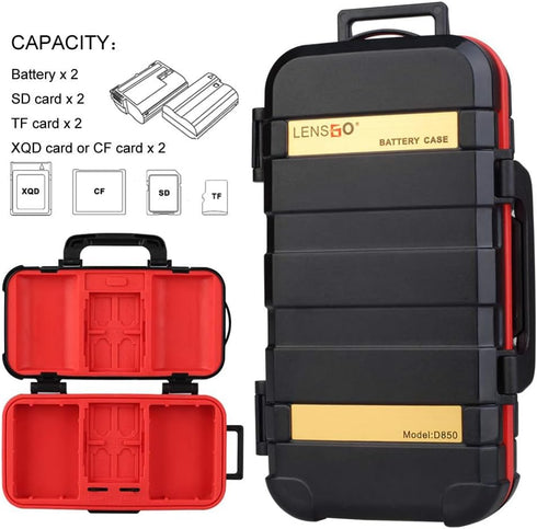 LENSGO Camera Battery Memory Card Case, Memory Card Hard Protector Case D850 Professional Water-Resistant & Anti-Shock Storage Box for 2 Camera Ba...