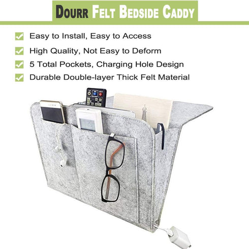 DOURR Felt Bedside Caddy Bed Dorm Bunk Organizer Storage Pocket for Organizing Tablet Magazine Phone Small Things Holder (Gray)...