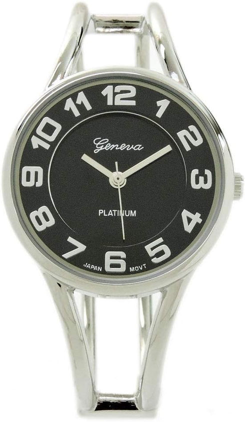 STC Silver Black Round Face Metal Double Band Fashion Women's Bangle Cuff Watch...