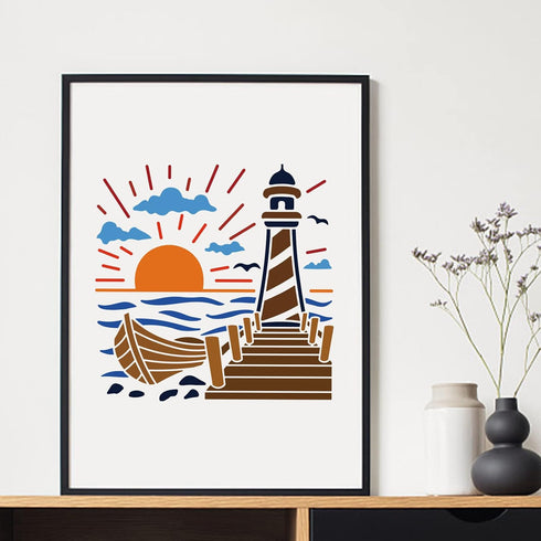 Lighthouse Stencils 11.8 x 11.8 Inch Sea Ocean Nautical Sailboat Stencils Reusable PET Summer Clouds Sun SeagullsStencils for Painting on Walls, A...