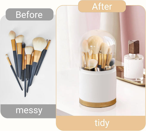 Mkono Covered Makeup Brush Holder Organizer with Glass Lid Premium Leather Make Up Brushes Cup with Dustproof Cover for Vanity Desktop Countertop ...