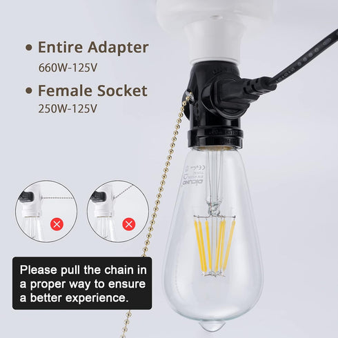 DiCUNO UL Listed E26 to 2 Polarized Outlet Socket Adapter, Pull Chain Switch Control Light Bulb, Standard (Medium) E26 Base to 2-Prong Outlet Plug...