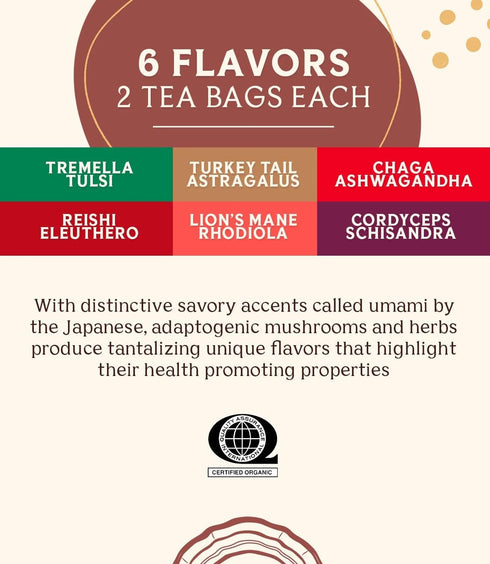 Teeccino Mushroom Herbal Tea - Mushroom Adaptogen Tea Sampler - 12 Tea Bags - Support Your Health With Mushrooms and Adaptogenic Herbs, Prebiotic,...