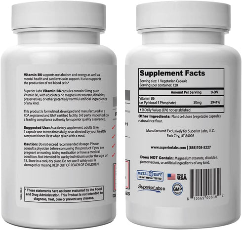 Superior Labs — Best Vitamin B6 Dietary Supplement — 50 mg Dosage,120 Vegetable Capsules —Supports Immune System Health — Healthy Brain Function —...
