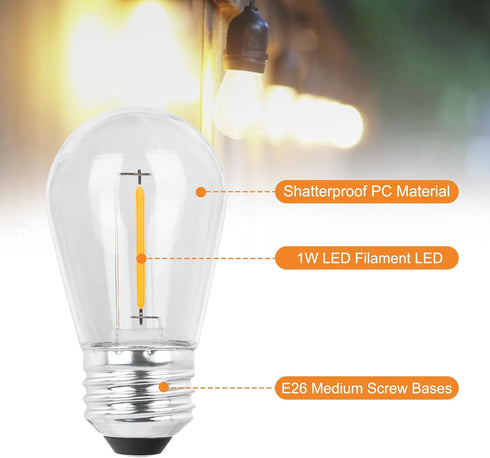 S14 LED String Light Bulbs Replacement, Edison Vintage Plastic 1W Warm White Bulb Equivalent to 11w, E26 Screw Base Shatterproof Waterproof Filame...