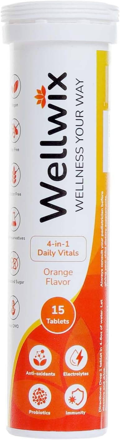 4-in-1 Daily Vitals for Wellness - Electrolytes, Immunity, Antioxidants and Probiotics. Vitamin C 1000 mg, Sodium 200 mg, Potassium 100 mg, Vitami...