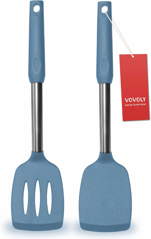 2 Pack Spatulas, Solid & Slotted Silicone Spatula Set, Stainless Steel Handle Coated with Silicone, Non Stick, Heat Resistant Rubber Flipper for F...