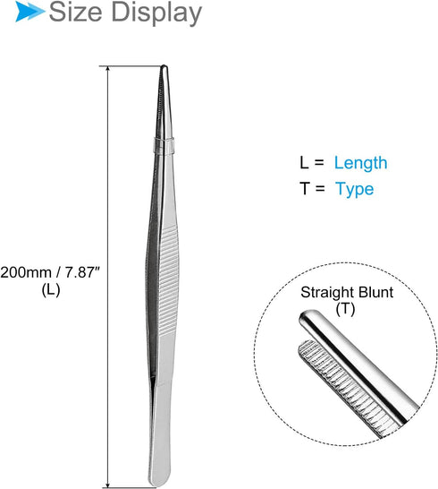 Tweezers, 200mm Length, Stainless Steel Straight Blunt Serrated Tip Tweezer - (Applications: for Mechanical Equipment Product Repair), 4-Pieces...