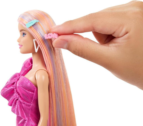 Barbie Doll with Extra-Long Blonde Rainbow Hair & Color-Block Polka Dot Dress, Plus 10 Hair & Fashion Accessories...