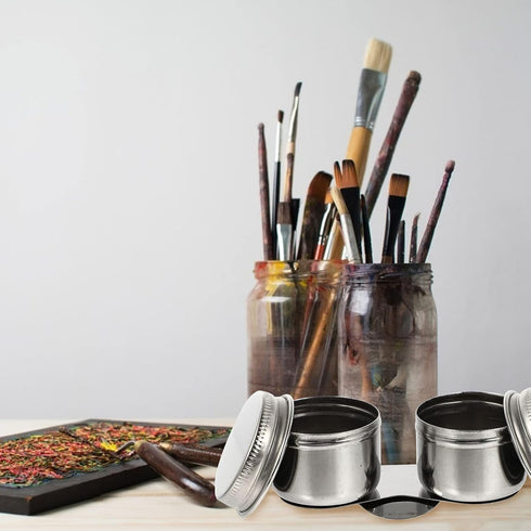 Stainless Steel Containers 2 Pcs Double Dipper Cup Stainless Steel Oil Painting Cup with Lid Large Mouth Double Clip Artist Paint Brush Washer Art...