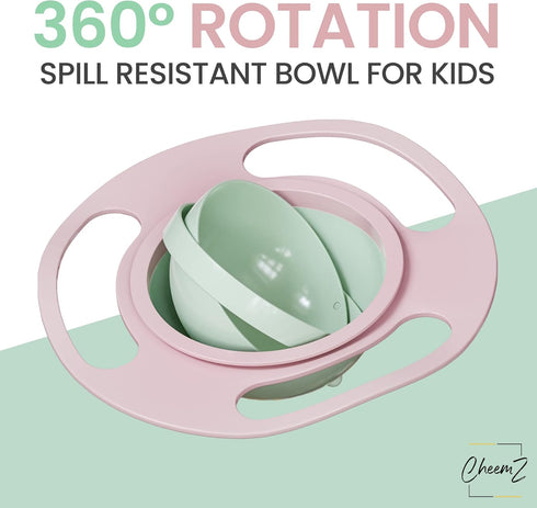 2-in-1 Gyro Bowl Set: Peach & Light Green - Baby Magic Bowl with 360° Rotations for Toddlers (1-3 Years) - Spill-Resistant Design, Includes Lid fo...