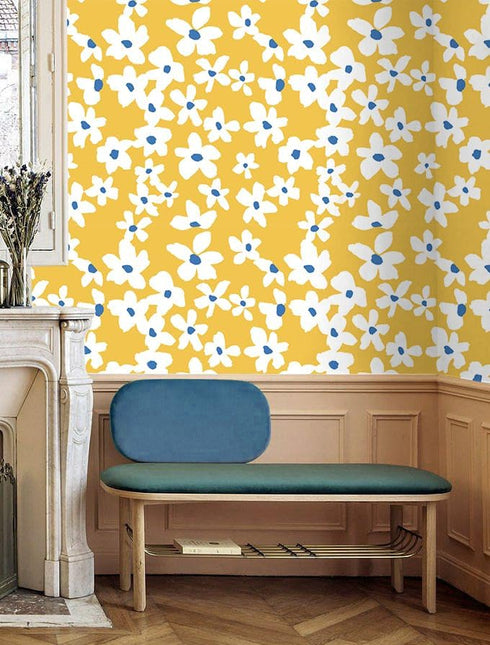 HAOKHOME 93391-1 Yellow Peel and Stick Wallpaper Floral Yellow/White/Blue Removable Wall Paper for Bedroom Bathroom Textured Stick on Contact Pape...