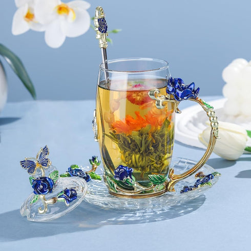 Glass Coffee Mug Birthday Christmas Gift for Women Mom Sister Girlfriend Coworker Flower Butterfly Tea Cup Antique Coffee Mug with Lid Spoon Sauce...