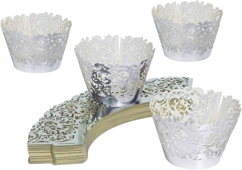 YOZATIA 60 Silver Vine Lace Cupcake Wrapper, Laser Cut Cupcake Liners for Weddings Birthdays Tea Parties and any Special Event- Silver...