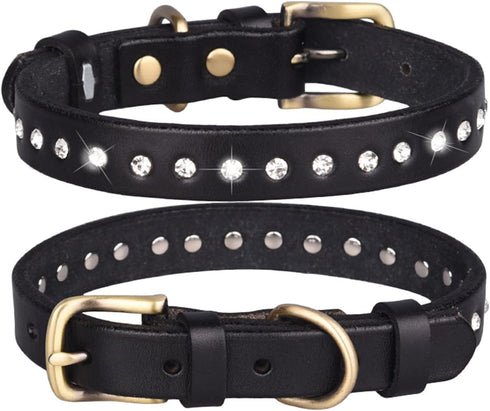 Pet Collar, Bling Rhinestone Leather Collar Adjustable Puppy Collar for Small Medium Dog (XS, Black)...
