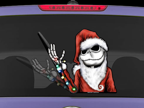 Jack Nightmare Santa Claus Waving Winter WiperTag USA Christmas with Decal attaches to rear vehicle wiper blade...