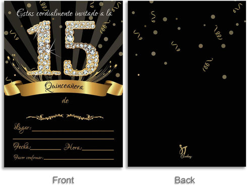 25 Quinceañera Party Invitations 5x7 Black & Gold Cards with Envelopes and Gold Metallic Pen (Spanish/En Espanol) (Daughter Name)...
