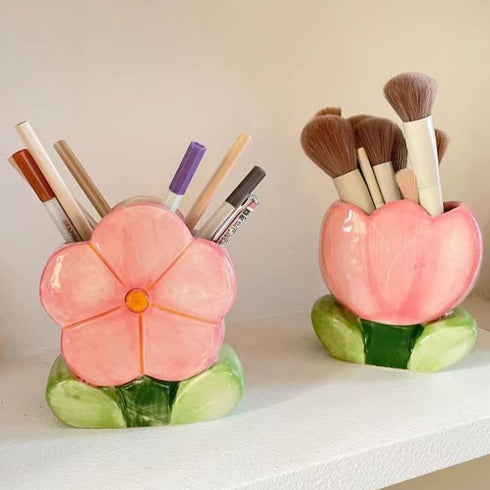 Pen Holder for Office Desk Accessories Aesthetic Pink Makeup Brush Holder Pencil Holder Cute Tulips Home Decor Birthday Gifts for Women Vanity Too...