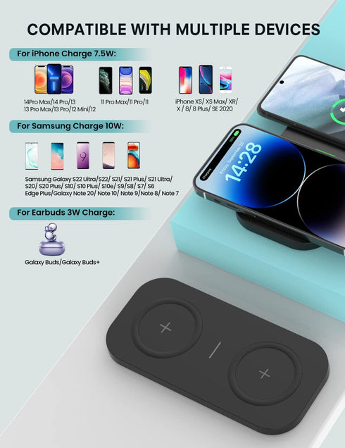 Wireless Charging Pad, JoyGeek Dual Wireless Charger for iPhone 14 Plus/14 Pro/14/13 Pro Max/Pro/Mini/12,Airpods 3/2,Wireless Phone Charger for Sa...
