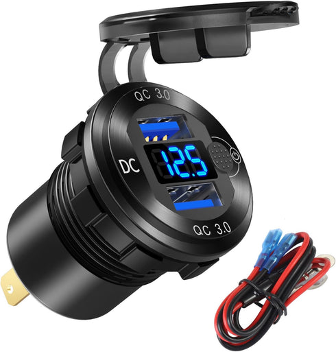 12V/24V USB Outlet Quick Charge 3.0 Dual USB Car Charger Socket with Blue Voltmeter, Waterproof Aluminum Cigarette Lighter USB Charger DIY Kit for...