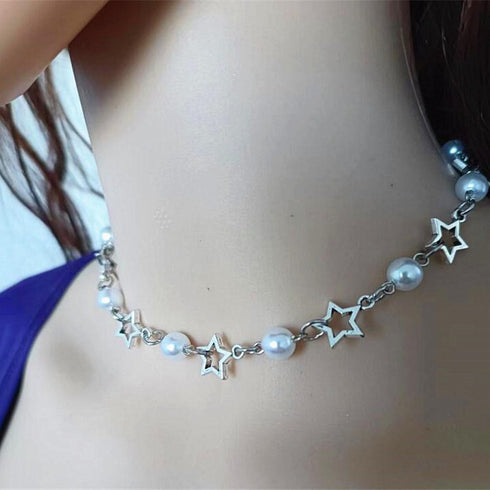 Vintage Y2K Star Pearl Double Layer Beaded Chain Adjustable Aesthetic Necklace Bracelet Grunge Punk Cool Retro Dainty Friendship Cute Jewelry Set ...